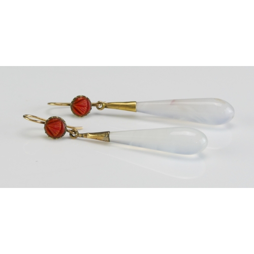 29 - A Pair of Victorian Moonstone and Coral Pendant Earrings in a precious yellow metal setting, c. 62.4... 