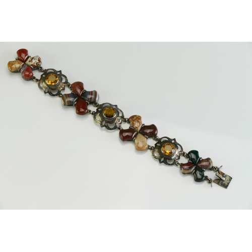 34 - A Scottish Style Citrine, Agate and Specimen Stone Precious White Metal Bracelet, c. 9.4mm citrines,... 