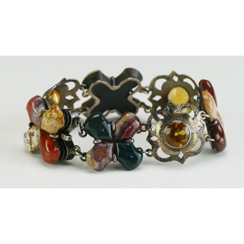 34 - A Scottish Style Citrine, Agate and Specimen Stone Precious White Metal Bracelet, c. 9.4mm citrines,... 