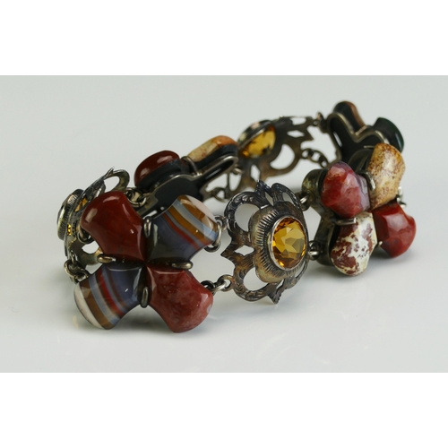 34 - A Scottish Style Citrine, Agate and Specimen Stone Precious White Metal Bracelet, c. 9.4mm citrines,... 