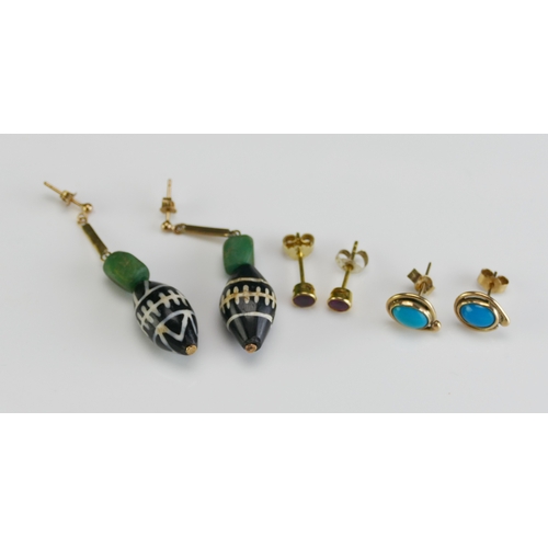 49 - Three Pairs of Earrings including a pair of 9ct gold and turquoise studs (butterflies stamped, 1.95g... 