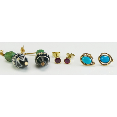 49 - Three Pairs of Earrings including a pair of 9ct gold and turquoise studs (butterflies stamped, 1.95g... 