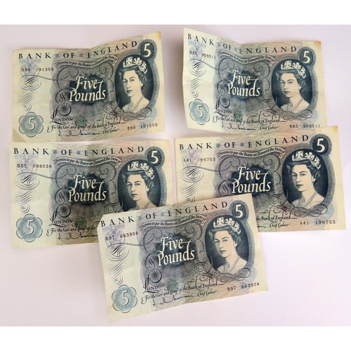 492 - Five Bank of England five pound notes, all Jasper Hollom. (5)