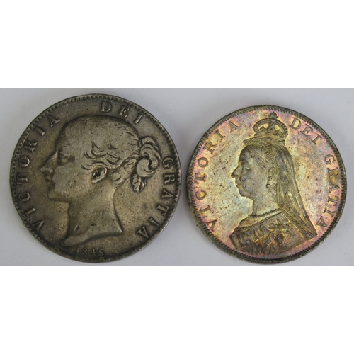 498 - A Victoria double florin, 1887 and a Victoria crown 1845. (2)