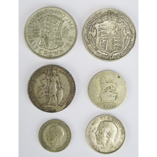 500 - Edward VII florin, 1908, George V half crown, 1914, George V shilling x 2 1914 and 102?, George V si... 