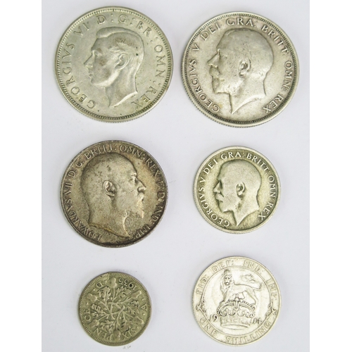 500 - Edward VII florin, 1908, George V half crown, 1914, George V shilling x 2 1914 and 102?, George V si... 