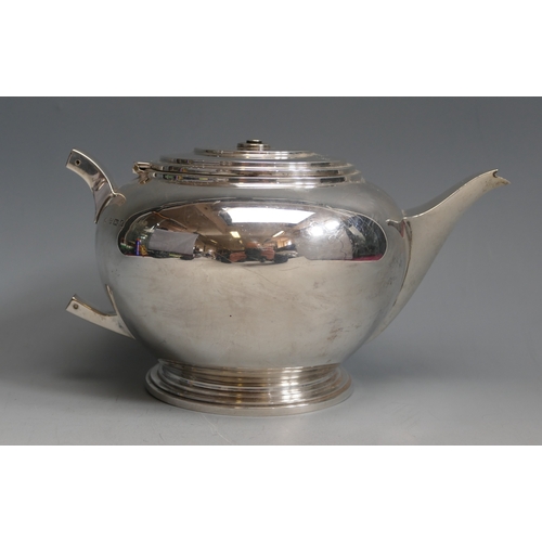 501 - A George V silver teapot, maker Adie brothers Ltd, Birmingham, 1934, of plain circular form, lacks h... 