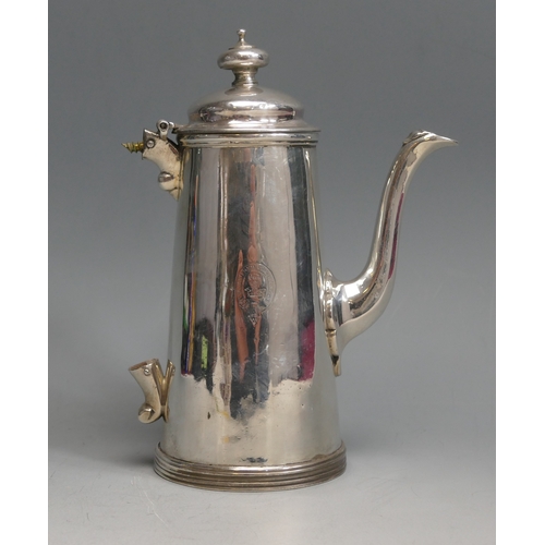 504 - A William IV coffee pot, maker J E Terrey & Co, London, 1832, crested, of tapering cylindrical form,... 