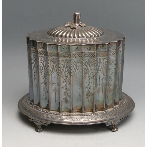 522 - A late Victorian silver plated biscuit barrel of oval fluted form, with chased foliate decoration, r... 