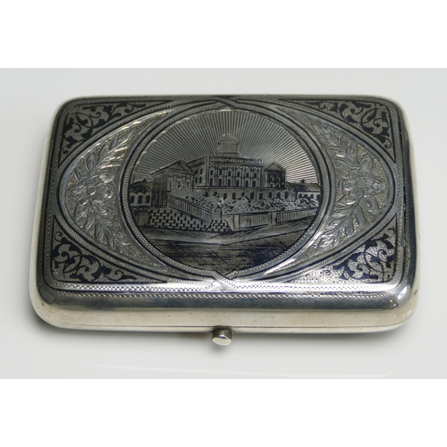 531 - An Imperial Russian silver and niello cheroot case, Moscow, 1893, the hinged lid decorated with a ci... 