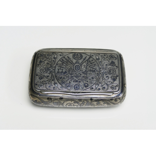 532 - An Imperial Russian silver and niello snuff box of rectangular outline, unmarked but dated 1897, the... 