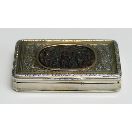 537 - An early 19th century French parcel gilt and silver  snuff box, stamped marks, of rectangular form, ... 