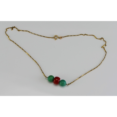 6 - A 9ct Gold, Coral and Turquoise Necklace, 42cm (16.5