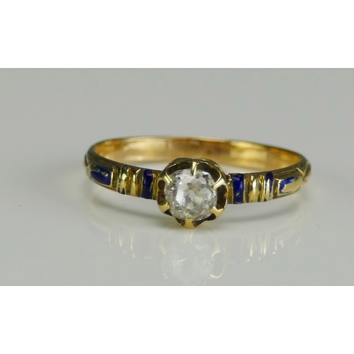 8 - An Antique Old Cut Diamond and Blue Enamel Ring in a precious yellow metal setting, KEE tests as 18c... 