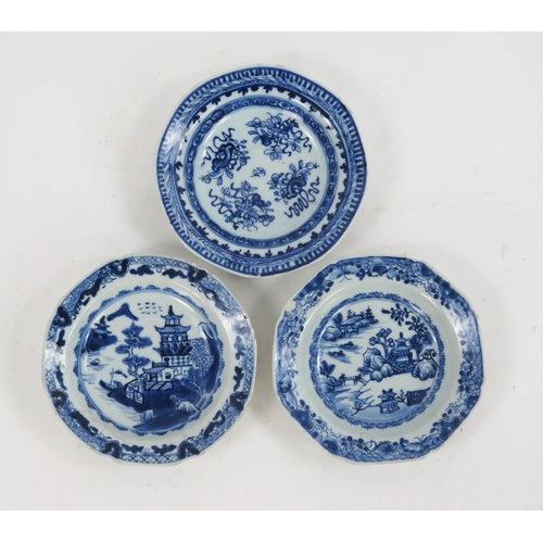 1720 - Three 19th century Chinese blue and white decorated octagonal plates, 16.5cm diameter. (3).