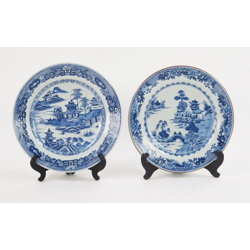 1721 - A Nankin porcelain blue and white dish with Willow pattern decoration together with a similar dish, ... 