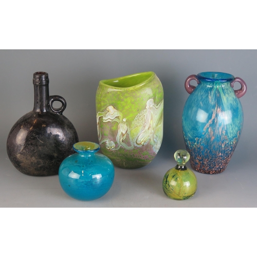 1733 - A Victorian amethyst glass flagon, 20cm high, a green glass paperweight, and three art glass vases. ... 