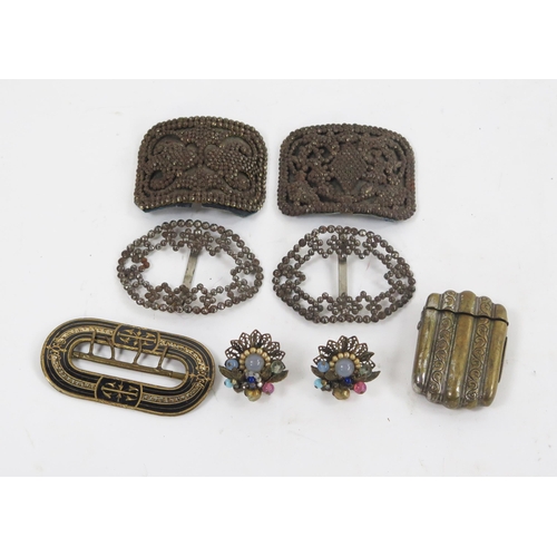 1745 - Two pairs of steel cut shoe buckles, an enamel buckle brass vesta case and a pair of ear studs.