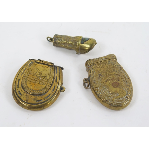 1746 - Three reproduction brass vesta cases, one in the form of a horseshoe. (3).