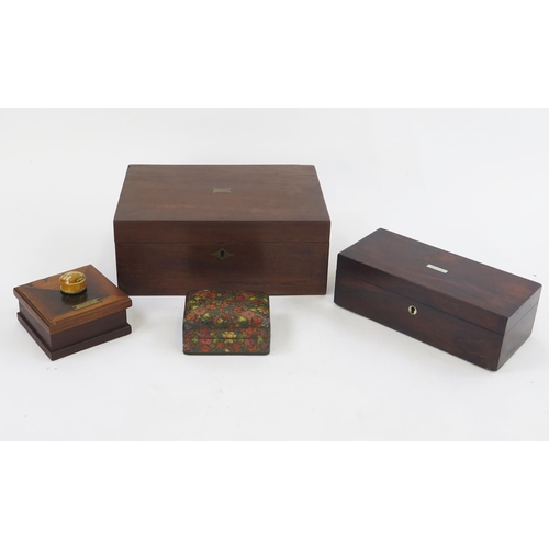 1780 - A 19th century mahogany writing slope, 30cm wide, a rosewood glove box, a papier mache box and two o... 