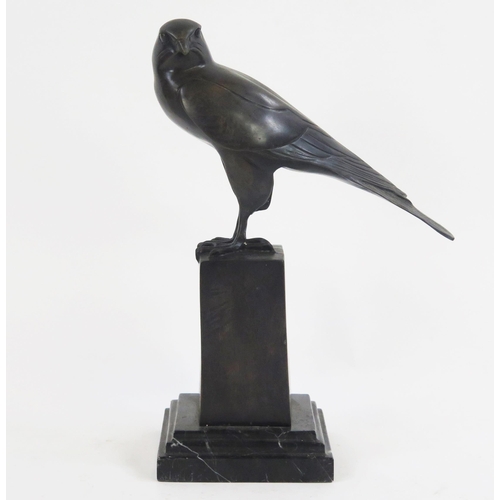 1815 - After Wilhelm Krieger (1877-1945) bronze study of a sitting hawk on a pedestal, mounted on a polishe... 