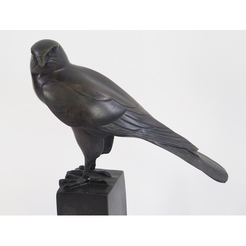 1815 - After Wilhelm Krieger (1877-1945) bronze study of a sitting hawk on a pedestal, mounted on a polishe... 