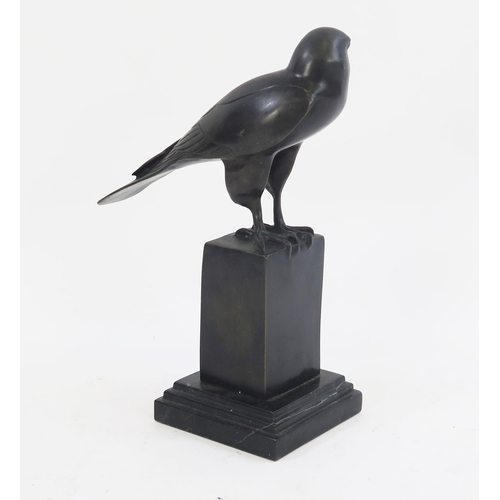 1815 - After Wilhelm Krieger (1877-1945) bronze study of a sitting hawk on a pedestal, mounted on a polishe... 