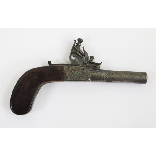 1823 - Blanch, London, An early 19th century flintlock pocket postol, with 6cm turn-off barrel, with pull d... 