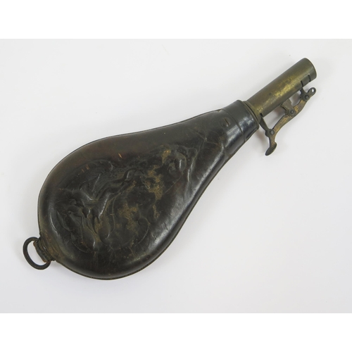 1825 - A 19th century leather shot flask, decorated with dead game, overall length 21.5cm