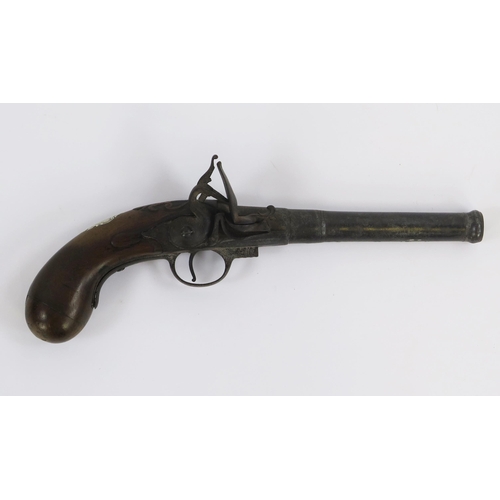 1827 - An 18th century flintlock pistol with 17cm barrel, silver mounted grip, lacks ramrod, overall length... 