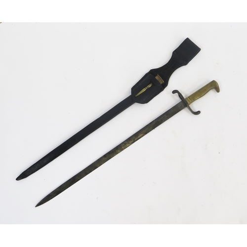 1828 - A 19th century sword bayonet, with 49cm single edged blade, turn down quillion and brass grip, conta... 