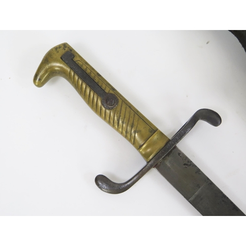 1828 - A 19th century sword bayonet, with 49cm single edged blade, turn down quillion and brass grip, conta... 