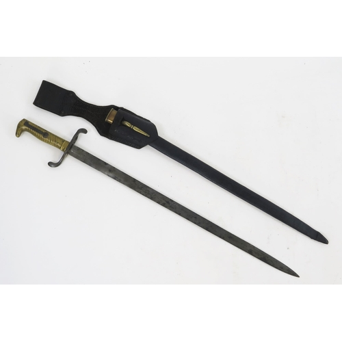 1828 - A 19th century sword bayonet, with 49cm single edged blade, turn down quillion and brass grip, conta... 