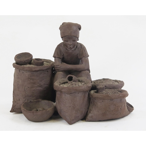 1837 - Reuben Ugbine, (Nigerian 1956- 2021), a pottery study of a seated  female street seller surrounded w... 