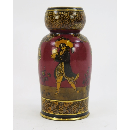 1838 - A Royal Doulton Morrisian Ware vase, of cylindrical form decorated with golfers, 23.5cm high, (chips... 