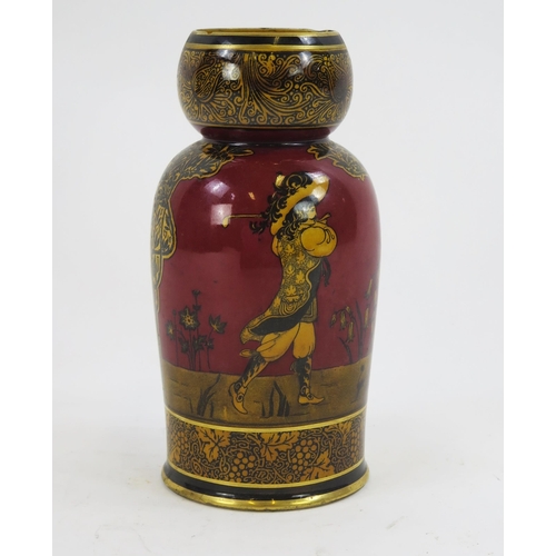 1838 - A Royal Doulton Morrisian Ware vase, of cylindrical form decorated with golfers, 23.5cm high, (chips... 