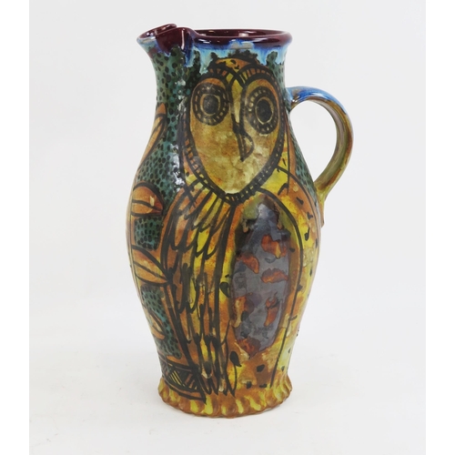 1840 - Alexandra Copeland for Dartington Pottery, owl decorated jug, with polychrome decoration, signed A. ... 