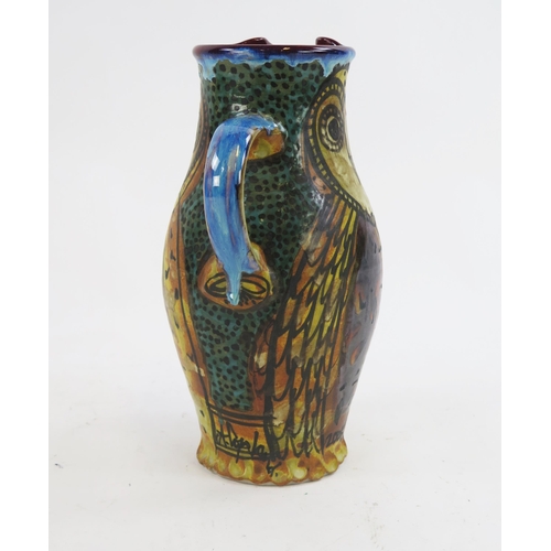 1840 - Alexandra Copeland for Dartington Pottery, owl decorated jug, with polychrome decoration, signed A. ... 