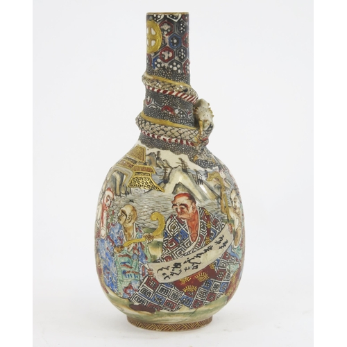 1845A - A Japanese Satsuma bottle vase, decorated with immortals the slender neck with entwined dragon decor... 