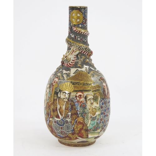 1845A - A Japanese Satsuma bottle vase, decorated with immortals the slender neck with entwined dragon decor... 