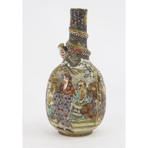 1845A - A Japanese Satsuma bottle vase, decorated with immortals the slender neck with entwined dragon decor... 