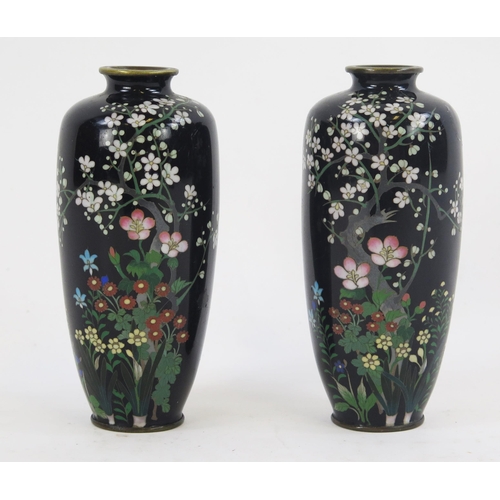 1845B - A pair of Japanese cloisonne vases of ovoid form, decorated with blossoming shrubs, 15.5cm high.