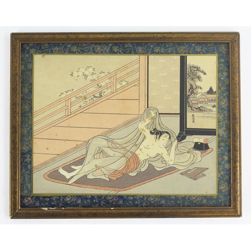 1846 - WITHDRAWN After Suzuki Harunobu, a shunga woodblock print of a female awakening from sleep, 21 x26.5... 