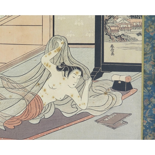 1846 - WITHDRAWN After Suzuki Harunobu, a shunga woodblock print of a female awakening from sleep, 21 x26.5... 