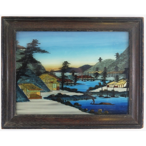 1847 - A Japanese reverse painting on glass depicting riverside villages and coastal bay in the background.... 