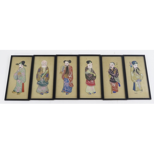 1848 - A set of six Chinese hand painted and fabric immortal characters, each 34 x 15cm all F & G