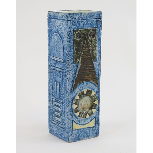 1854 - A Troika rectangular vase of slab form with abstract designs to a blue ground signed Troika initiall... 