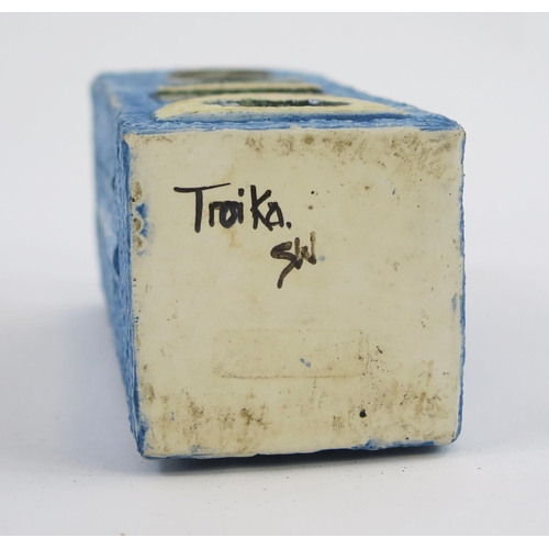 1854 - A Troika rectangular vase of slab form with abstract designs to a blue ground signed Troika initiall... 