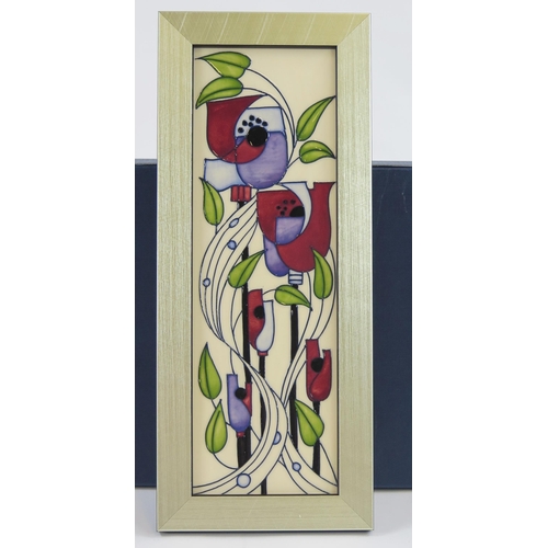 1862 - A Moorcroft pottery tribute to Mackintosh plaque, signed R Bishop, framed, 29 x 9cm. (Boxed)