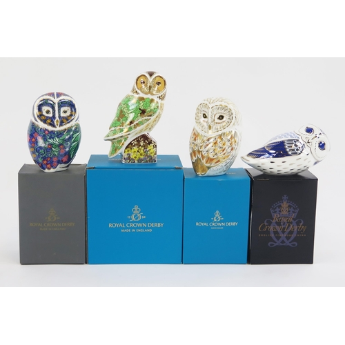 1872 - Four Royal Crown Derby porcelain owl paperweights, all boxed.